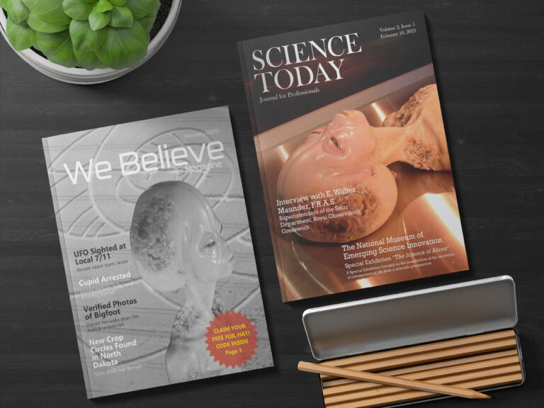 mockup that includes both magazine covers lying on a table next to each other near a pencil case and a plant.