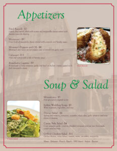 appetizers, soups, and salads page of the pasta amore menu.