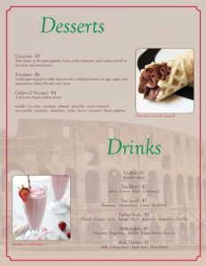 desserts and drinks page of the pasta amore menu.