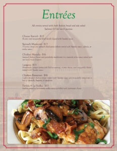 entrée page of the pasta amore menu.