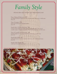family style page of the pasta amore menu.