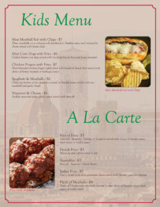 kids menu and a la carte page of the pasta amore menu.