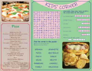 inside view of pasta amore's trifold brochure. includes a take-out pizza menu on one third and an activity page for children on the other two thirds. the activity page includes a word search and a jumble.