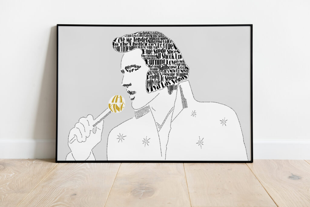 elvis presley typographic portrait mockup shows a framed poster leaning against a wall.