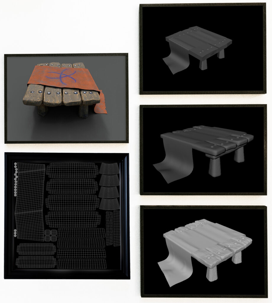 3d model mockup that includes framed images of the table's block out, low poly, and high poly versions. it also includes the table's "u" "v" layout and an image of the completed asset.