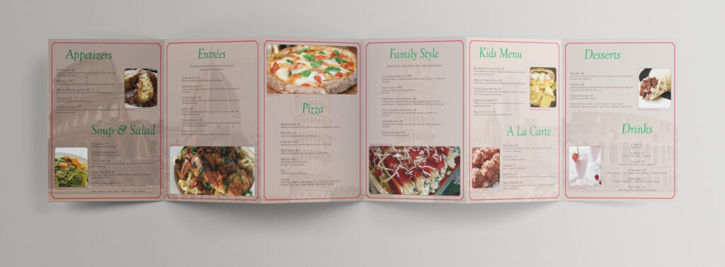 pasta amore menu spread mockup. all 6 pages are shown in an accordion spread.