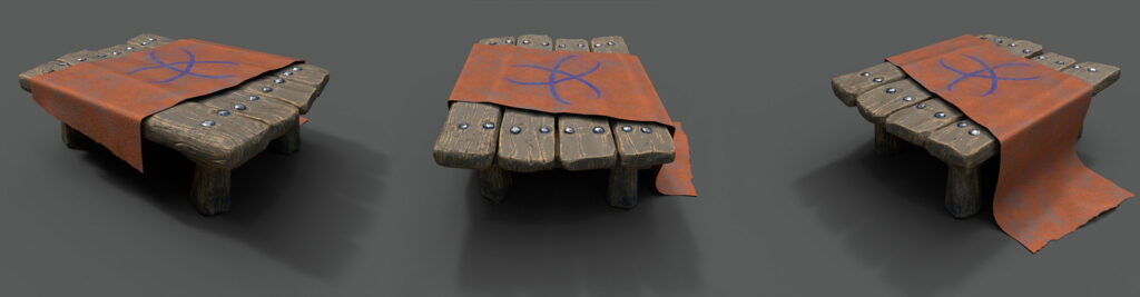 completed asset presentation sheet. it features the table from 3 different angles including each side and from one end.