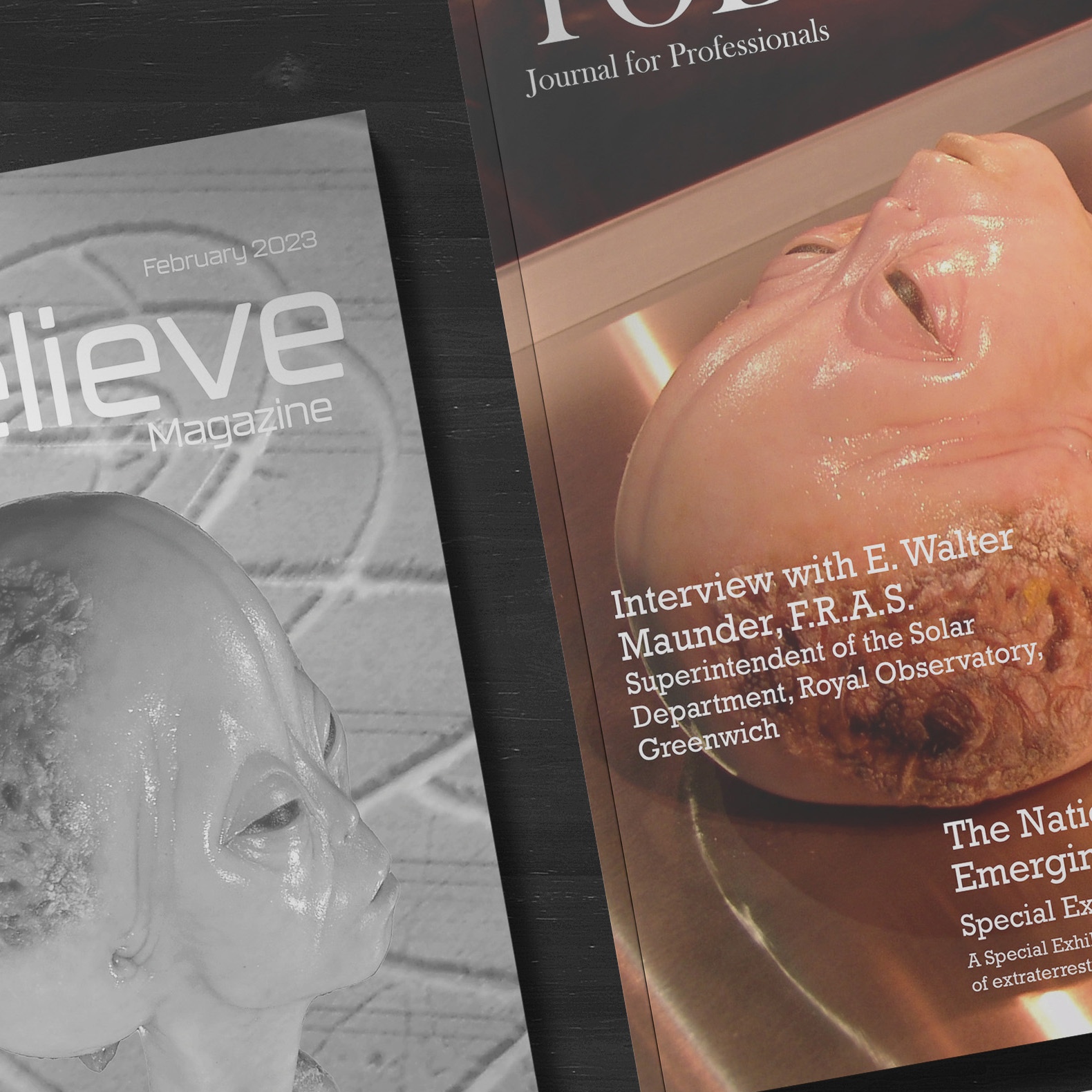 thumbnail image shows a partial view of 2 magazine covers that use the same image on an alien that has been manipulated in different ways.