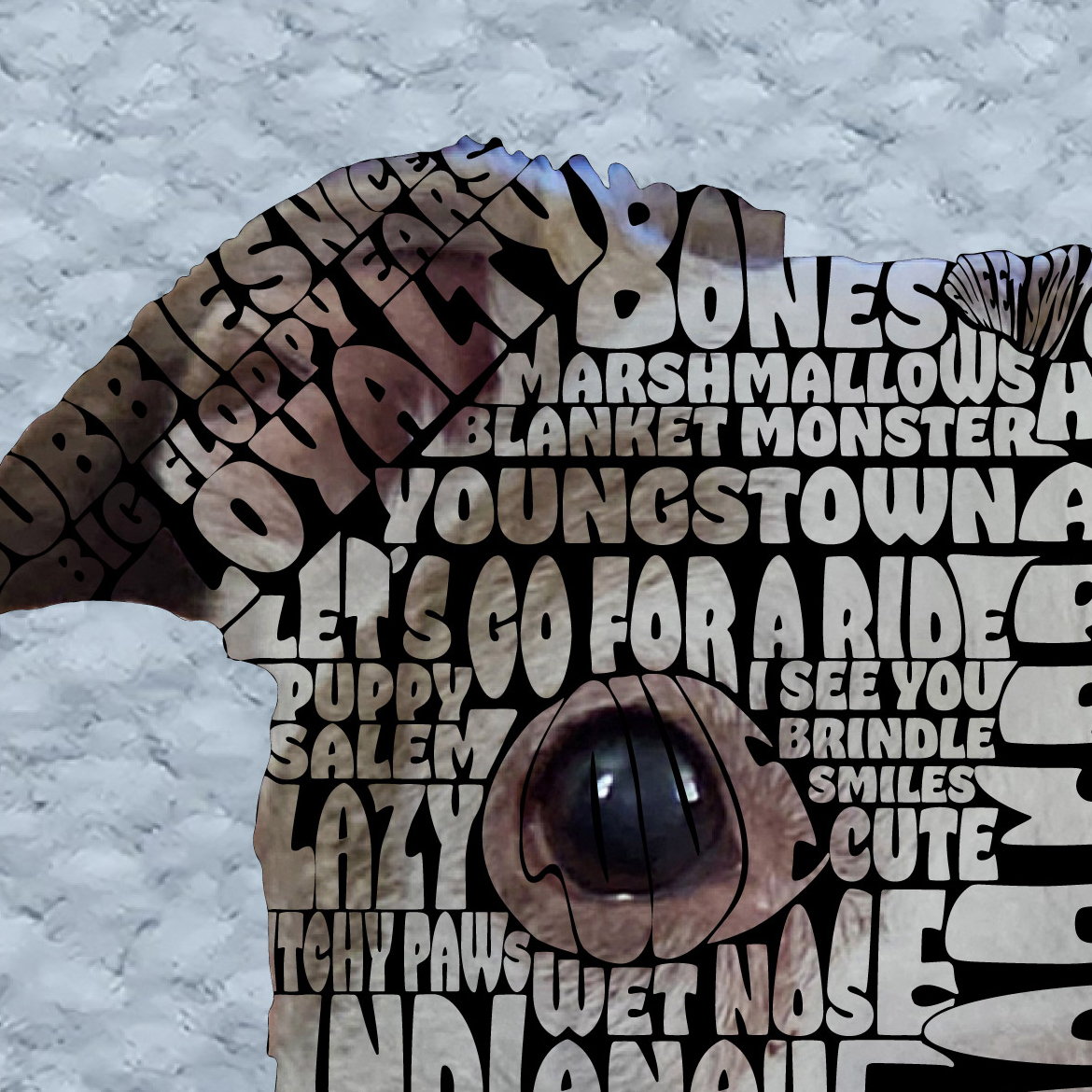 thumbnail image shows a partial view of a typographic portrait that features a family dog.