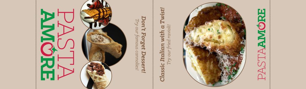 table tent for pasta amore that includes an appetizer teaser on one side and a dessert teaser on the other.